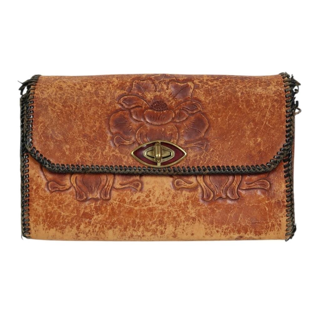 Vintage 70s Brown Floral Embossed Leather Clutch Bag Purse